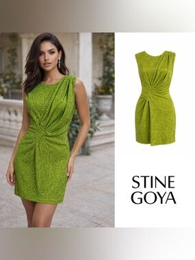 NEW STINE GOYA Lime Green Draped Twist-Front Mini Dress